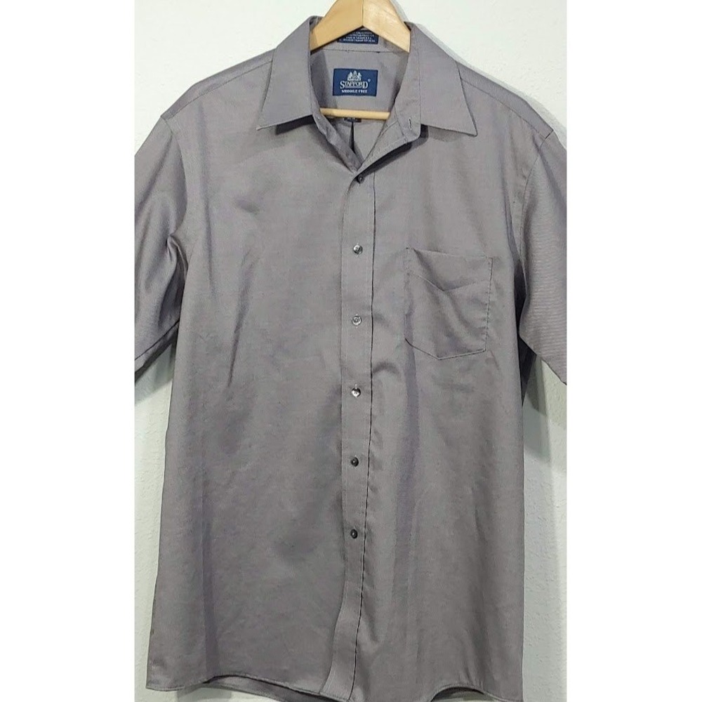 Sanford Wrikle-free 16 1/2 Solid Gray Button Up Long Sleeve Dress Shirt Mens - Picture 6 of 12